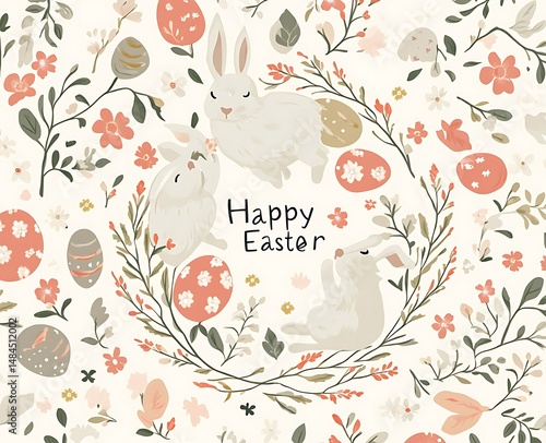 flat color cute simple illustration of a circular floral pattern with Easter bunnies and eggs text Happy Easter on a light background in pastel colors
