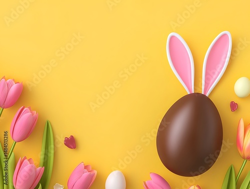 chocolate egg with rabbit ears and tulips on yellow background Happy Easter poster or banner template design  pastel color  flat style  3d rendering  background