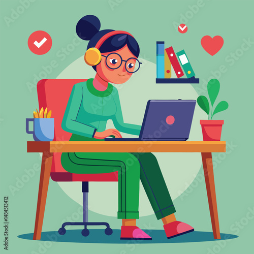 A woman working on a laptop at a desk listening to music with a casual lifestyle