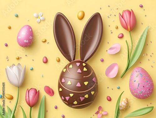 Happy Easter background with chocolate egg rabbit ears and tulips on yellow pastel color design for banner poster or greeting card template ultra-realistic studio lighting