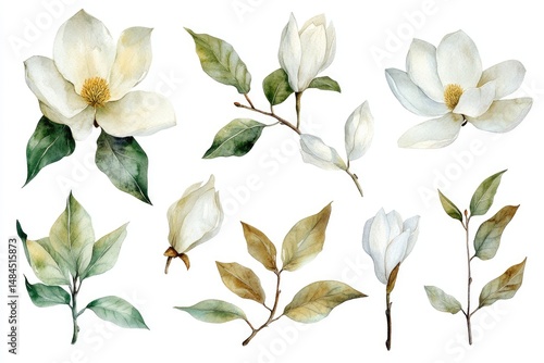 Delicate magnolia blossoms and leaves in watercolor style