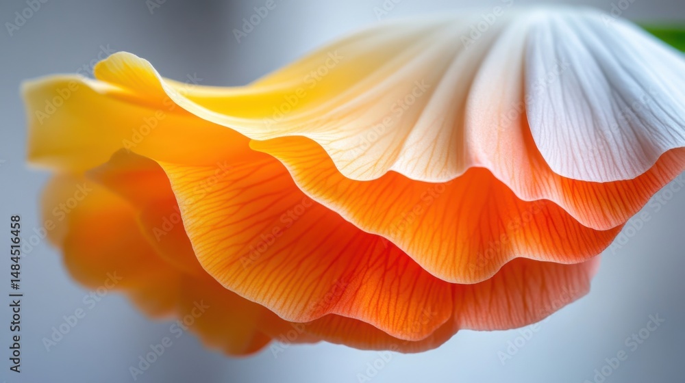 A close-up view highlights the gentle curves and vibrant hues of an orange and white flower. The soft petals exhibit intricate veins and delicate layers, illuminated in natural light A close-up view highlights the gentle curves and vibrant hues of an orange and white flower. The soft petals exhibit intricate veins and delicate layers, illuminated in natural light