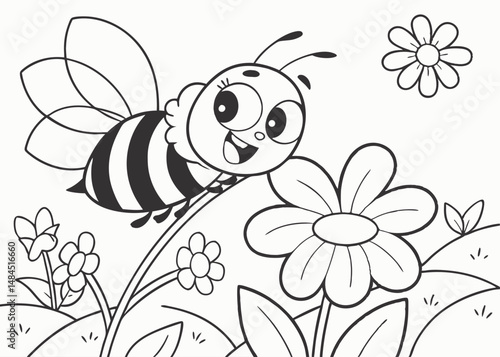 Cute kawaii cartoon character bee lying on the flower coloring page for kids