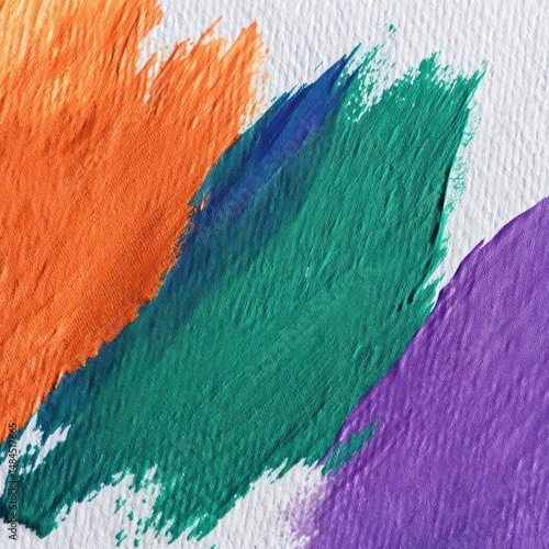 Bold green, orange, and purple strokes form a vibrant abstract texture across canvas.