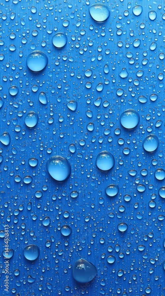 Blue Drops: Captivating macro shot of water droplets on a vibrant blue surface. Evoking serenity and refreshment Blue Drops: Captivating macro shot of water droplets on a vibrant blue surface. Evoking serenity and refreshment