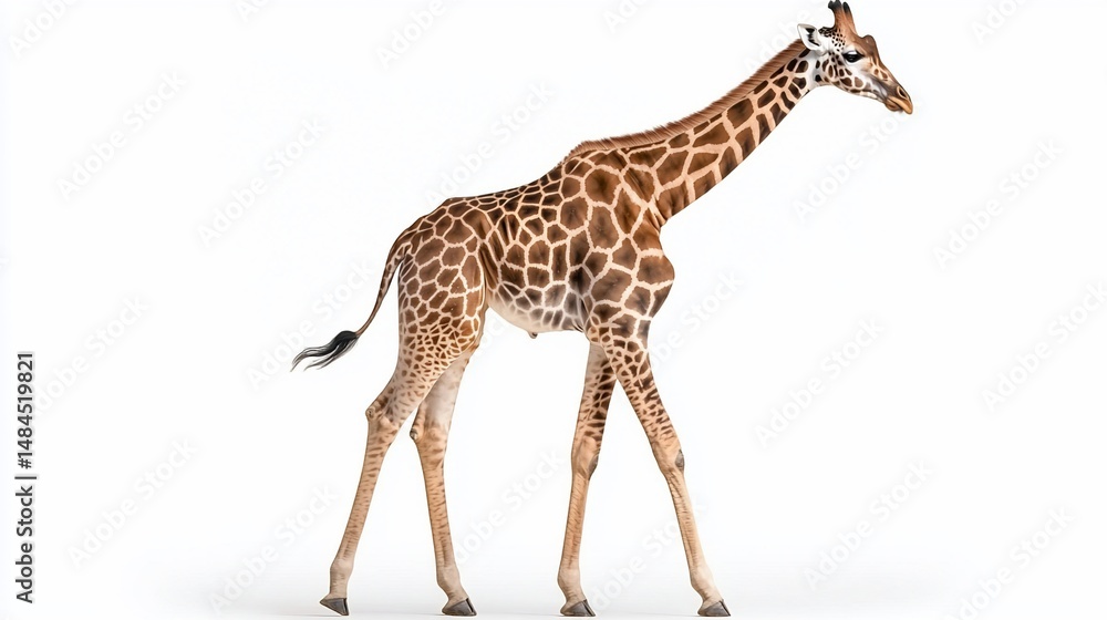 Naklejka premium Tall giraffe with brown spots, long neck, and walking across a white background