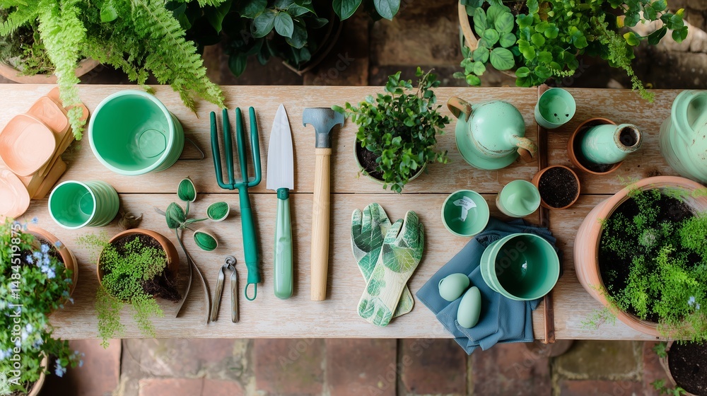 Gardening tools and supplies arranged on a wooden table surrounded by various plants in a sunlit outdoor space