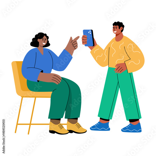 A flat illustration showing two influencers creation video for promotion