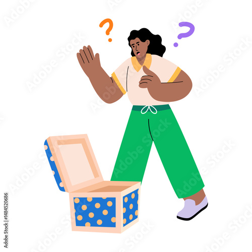 Flat illustration depicting a shocked person unboxing a mystery box