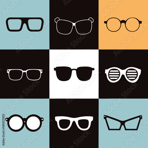 Nine different eyeglasses styles on a colorful geometric background fashion and design concept