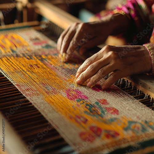Midday progress shot of handloom weaving in action, half-woven shawl showing emerging intricate patterns, artisan’s hands in motion blur, sunbeams through window casting shadows on colorful threads, h