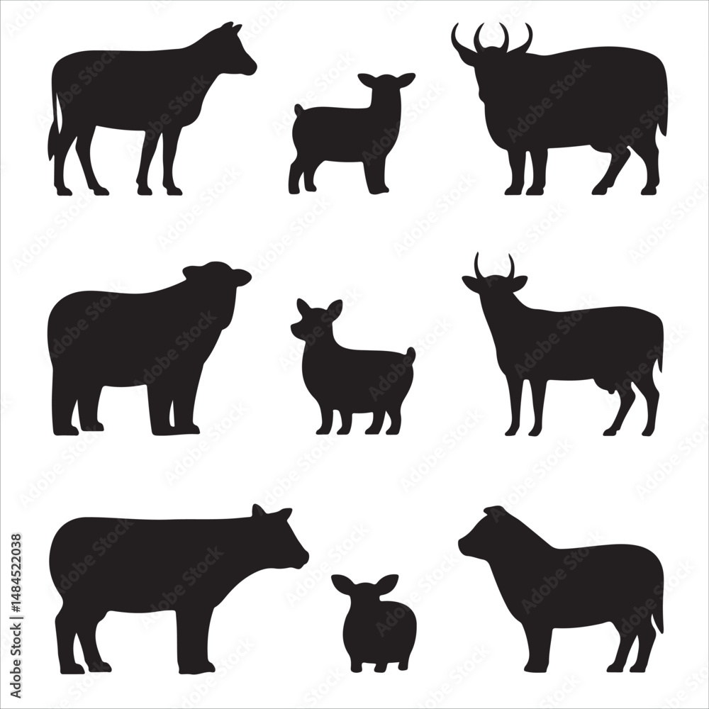 Vector Cow Animals on Black and White Vector Cow Animals on Black and White