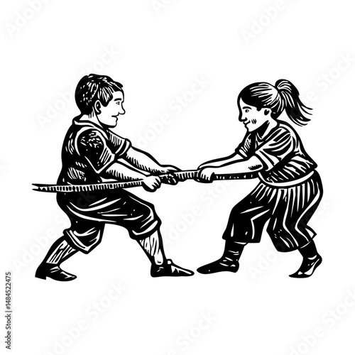 A sketchy style icon showing kids playing tug of war game
