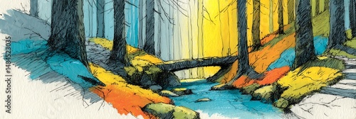 A charming naive crayon drawing of a small forest trail by a stream with a wooden bridge, sunlight filtering through, on a clean white background