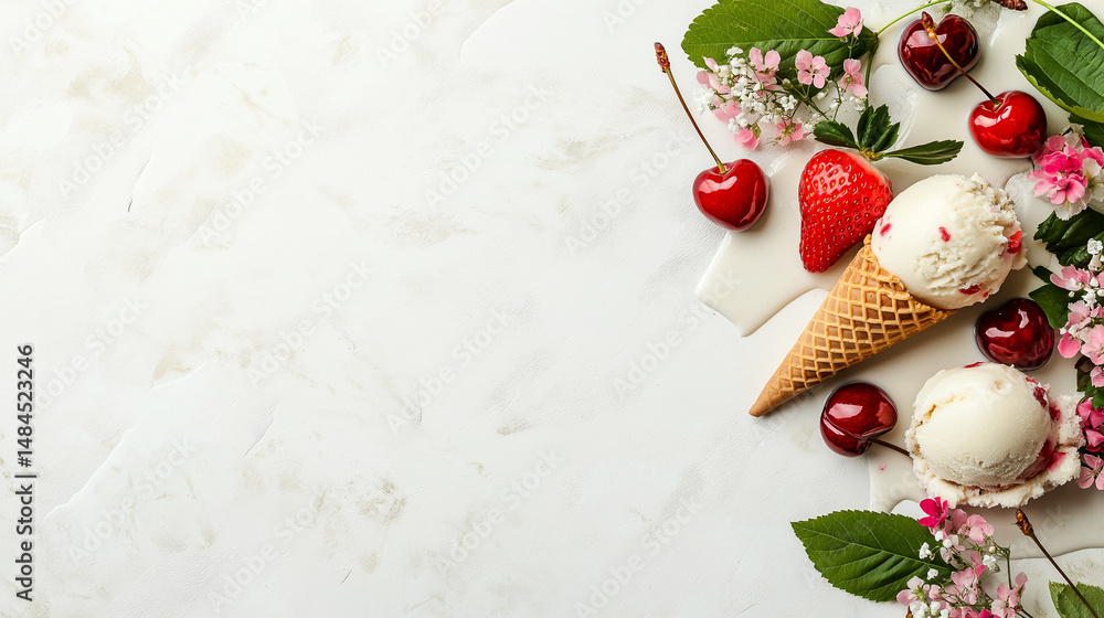 Aesthetic Flat Lay of Vanilla Ice Cream Cones with Fresh Cherries, Strawberries, and Floral Decoration – A Sweet Tribute to National Ice Cream Day Celebration Aesthetic Flat Lay of Vanilla Ice Cream Cones with Fresh Cherries, Strawberries, and Floral Decoration – A Sweet Tribute to National Ice Cream Day Celebration