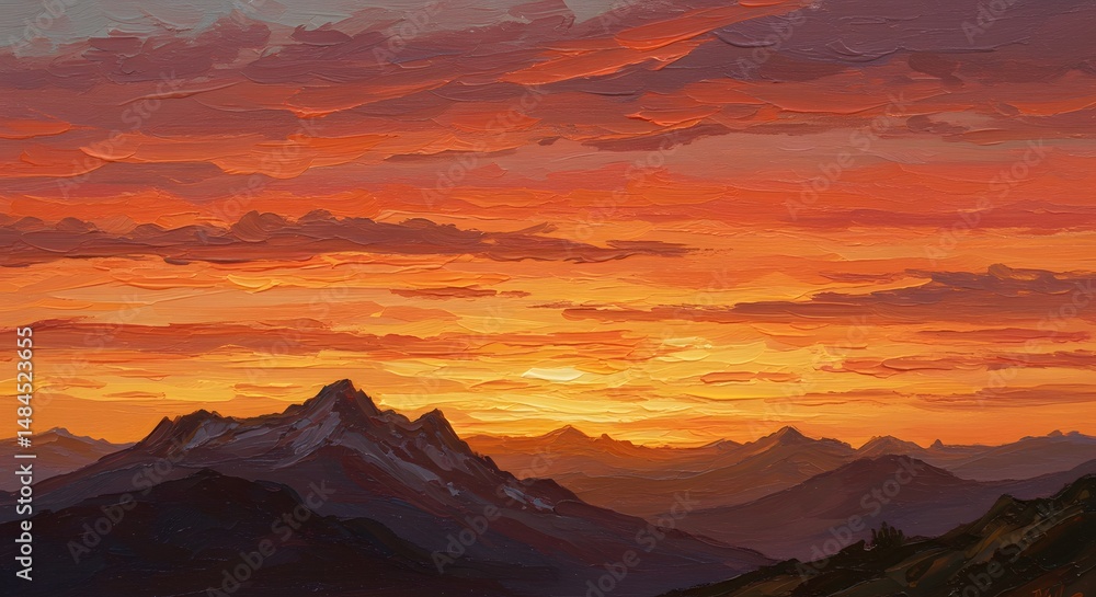 Naklejka premium Fiery Mountain Sunset: Impasto Landscape Painting