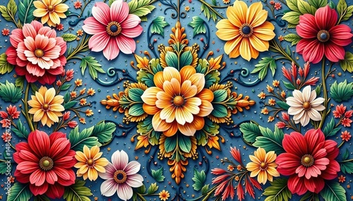 Intricate floral textile design, repeating motif , background, bloom