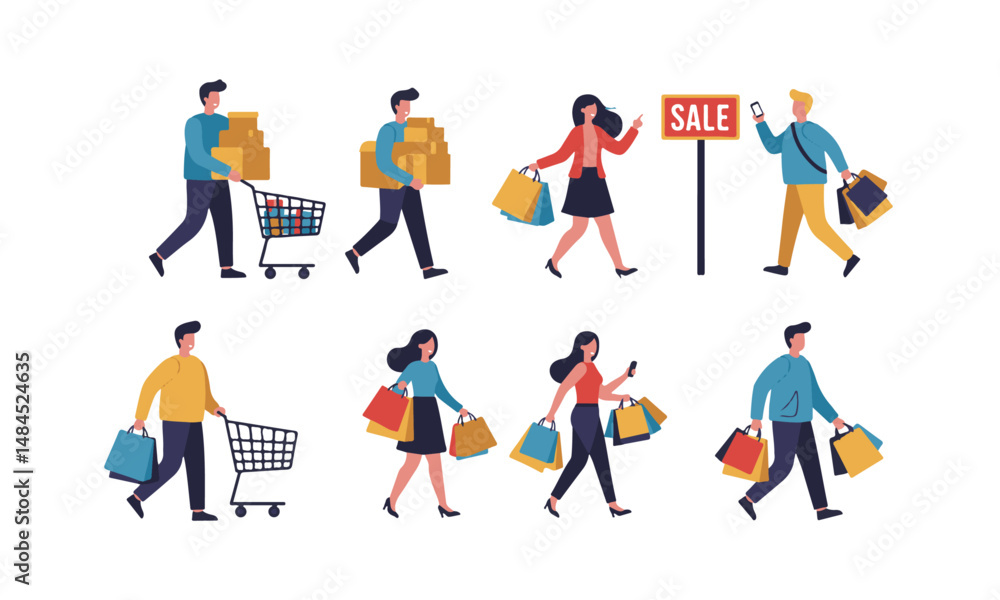 Set of Shopping People Illustrations : with bags, carts, and sale signs. Set of Shopping People Illustrations : with bags, carts, and sale signs.
