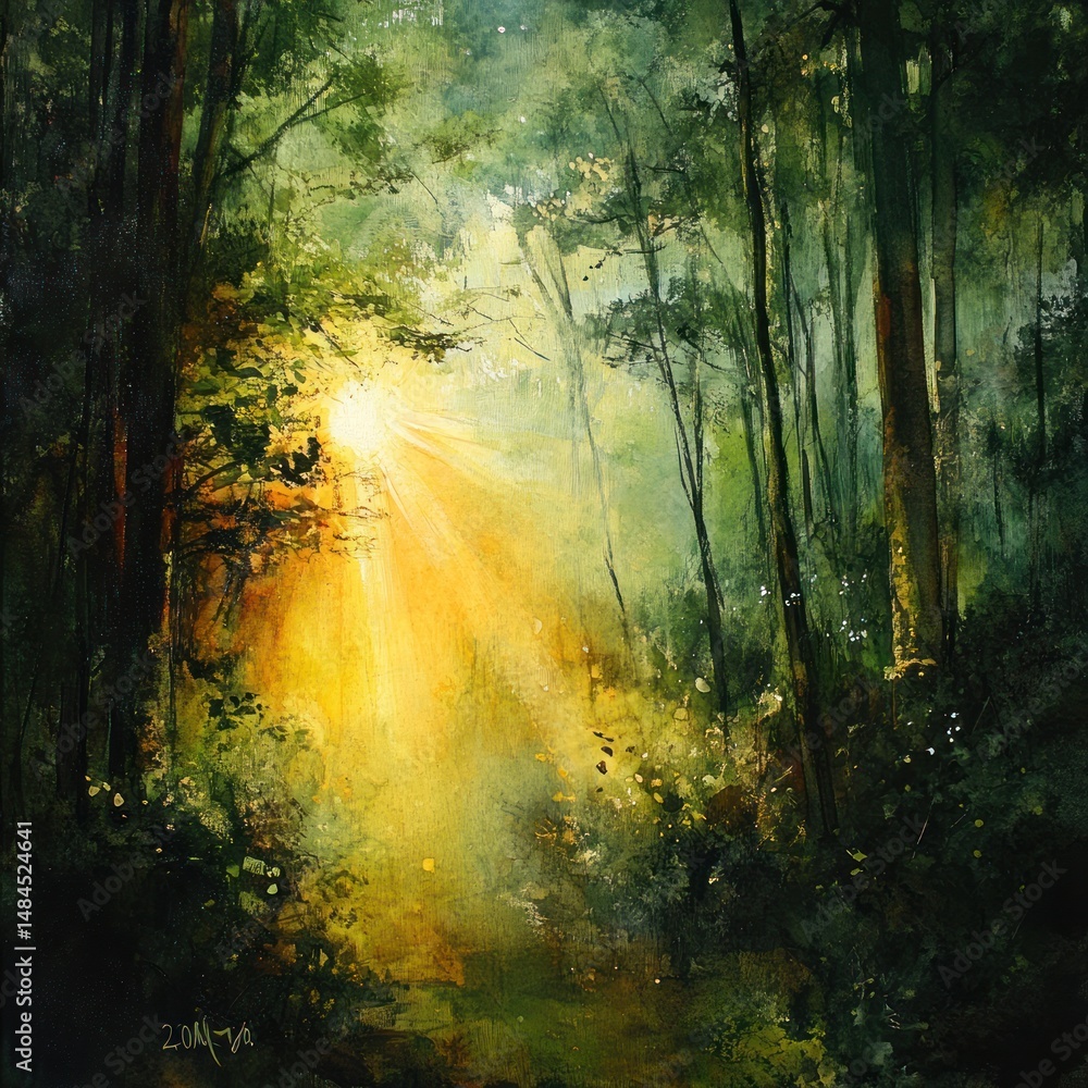 Fototapeta premium A mid-morning golden burst of light flooding a green woodland.