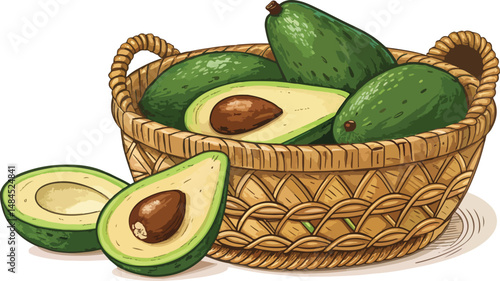Avocado in wicker basket with avocado slice in white background vector design, Avocado Illustration vector design