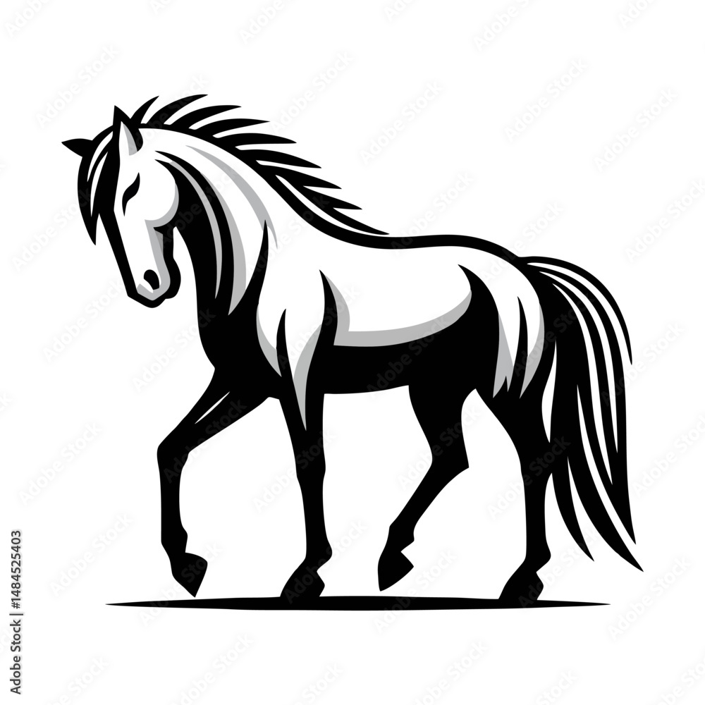 Obraz premium Powerful Stallion Vector Illustration in Vintage Woodcut Style Depicting Rearing Black Horse on White Background Ideal for Print Wall Art and Tattoo Concept