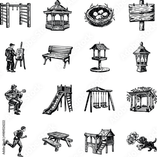 Collection of Outdoor Park Vintage Illustrations 