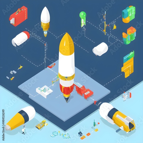 Vector isometric image of startup success featuring rocket launch, briefcase, and chart. Perfect for innovation, business growth, and entrepreneurship. Clean design on white background.