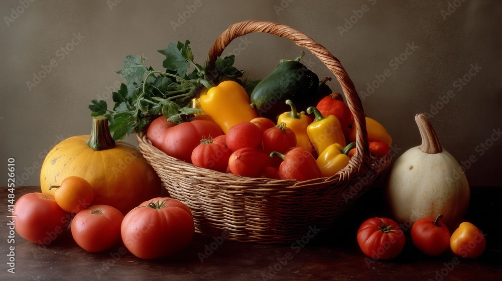 Fresh harvest of tomatoes and peppers arranged in a woven basket on a wooden table in a rustic kitchen setting