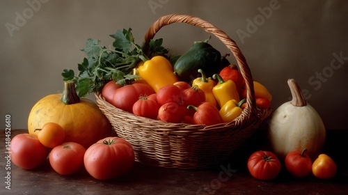 Obraz na płótnie Fresh harvest of tomatoes and peppers arranged in a woven basket on a wooden table in a rustic kitchen setting w salonie