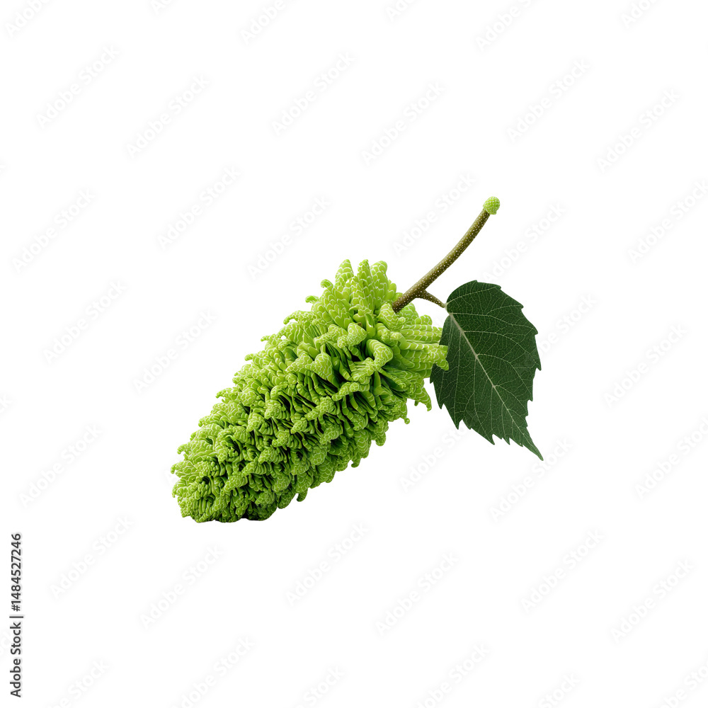 Fototapeta premium Vibrant Green Alder Cone with Leaf on white background