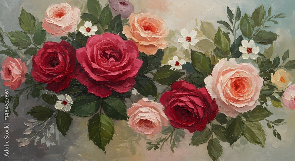 Romantic Rose Bouquet: A Lush Impasto Painting Romantic Rose Bouquet: A Lush Impasto Painting