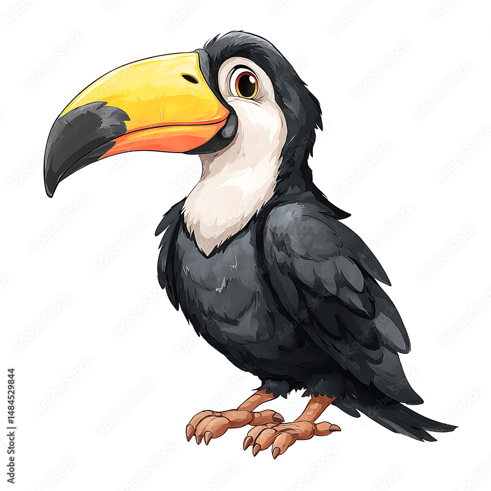 Obraz premium Exotic tropical toucan bird with a colorful yellow beak and black feathers isolated on a white background representing Brazilian rainforest wildlife