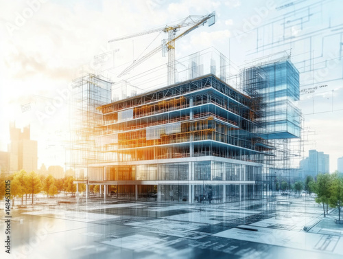 Wallpaper Mural Construction of a Modern Office Building in Downtown City, Overlay of a future construction project with blueprints and diagrams. Torontodigital.ca