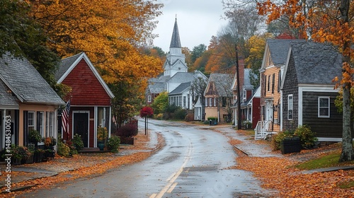 Scenic Autumn Village Street View with Colorful Foliage and a Church Spire on an Overcast Day