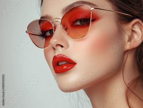 Woman model wearing red sunglasses and red lipstick exuding vintage charm and allure