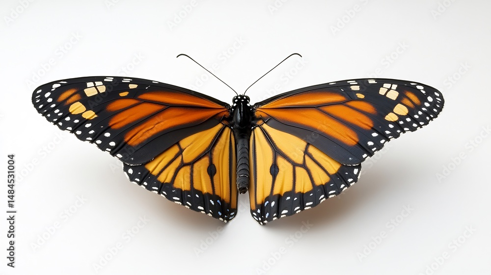 Obraz premium Monarch butterfly perfection sharp and detailed wings spread symmetrically beautiful color contrast on a pure white background overlay cut out on isolated transparent removed background