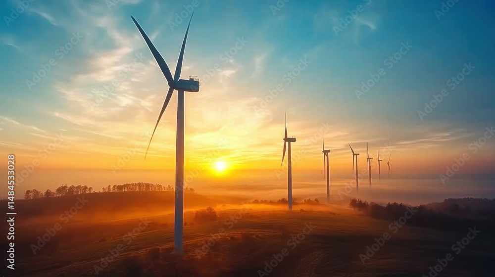Fototapeta premium Wind turbines generating clean energy in morning fog at sunrise