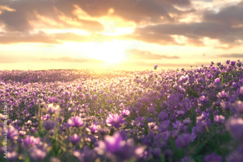Obraz premium afternoon sun enhancing the colors of a vast purple flower field, tranquil scene