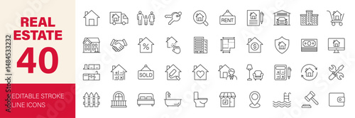 Real estate icon set. Containing realty, property, mortgage, home loan, rent, building, agent, house, realtor, home sale and more. Editable line icons. Vector illustration.