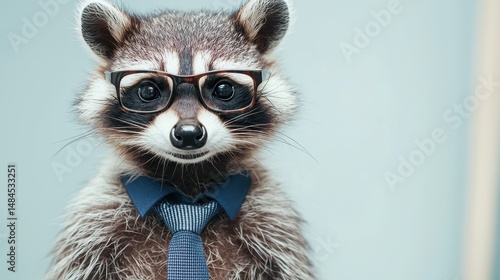Cute raccoon in glasses and tie, posing for a professional photo against a light background
