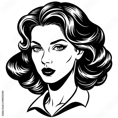 A vector illustration of a beautiful woman with long, flowing hair, showcasing her elegant hairstyle and striking eyes, perfect for fashion and beauty designs