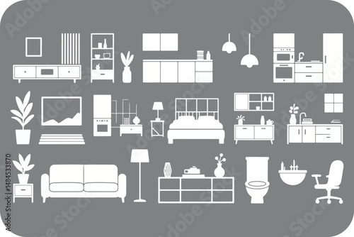 Modern Home Interior Design Elements Icons Collection White on Gray