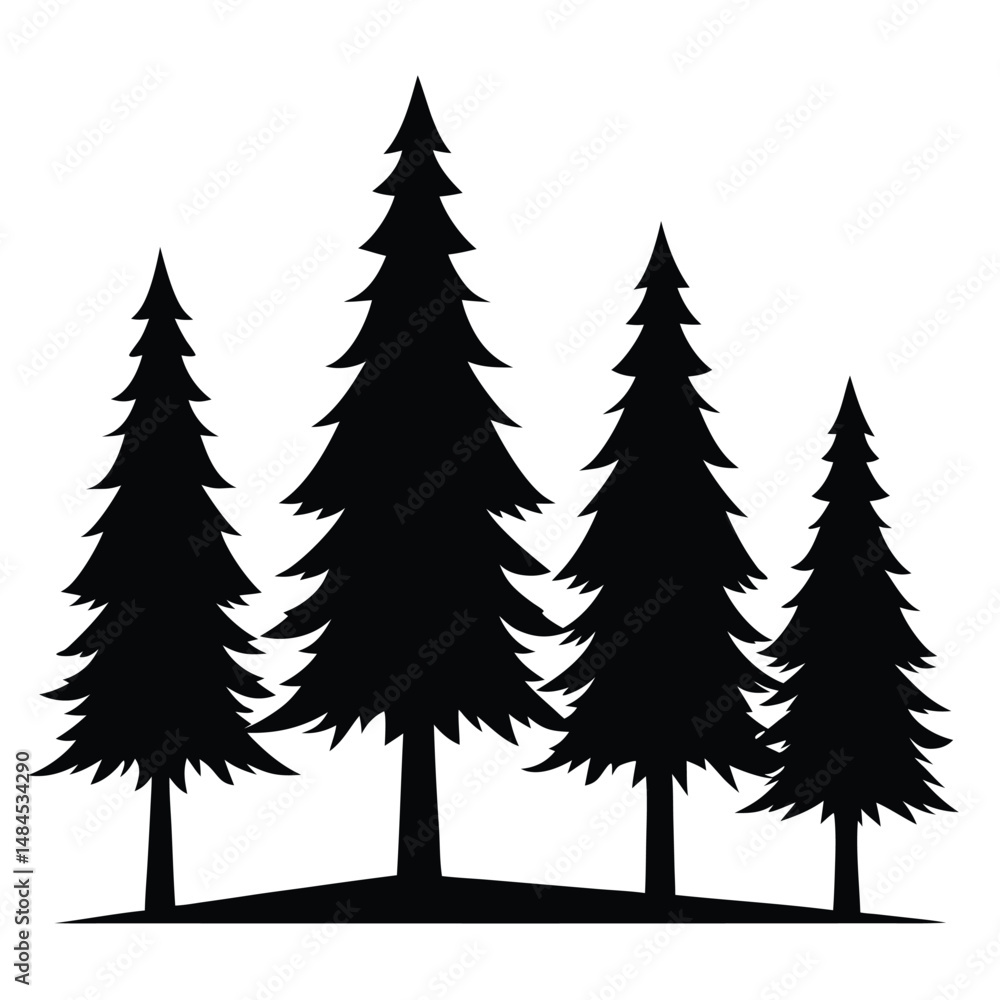 Fototapeta premium Silhouette of four evergreen pine trees isolated on a white background in black and white