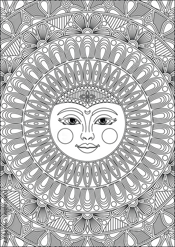 Coloring Page Sun Face Mandala Line Art