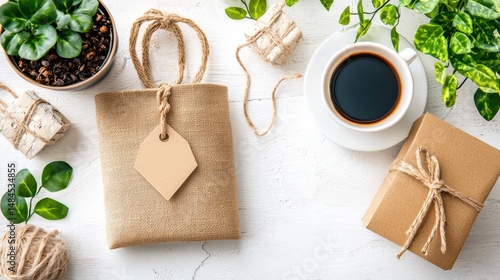 Wallpaper Mural Cozy Arrangement of a Coffee Cup, Gift Wrap, and Green Plants on a Bright Wooden Surface Torontodigital.ca
