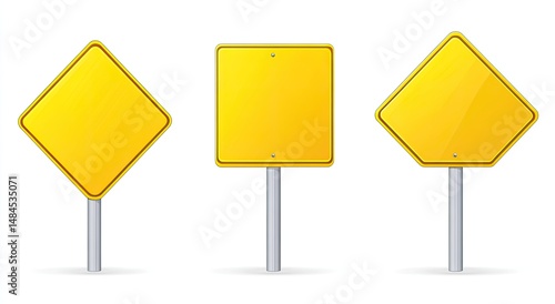 Three blank, yellow traffic signs, diamond and square shapes, mounted on gray metal posts.  Detailed illustration of road signs on white background