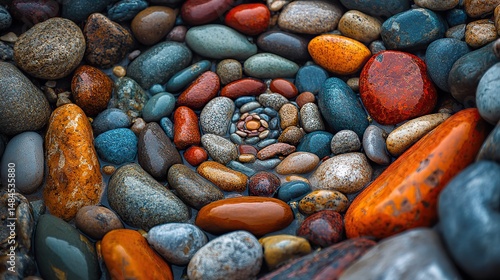 A collection of smooth, colorful pebbles arranged in a spiral pattern on a beach, creating a natural mandala and symbolizing unity and flow