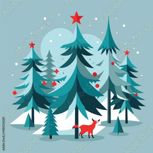 Stylized illustration of a festive christmas scene with pine trees and a red fox