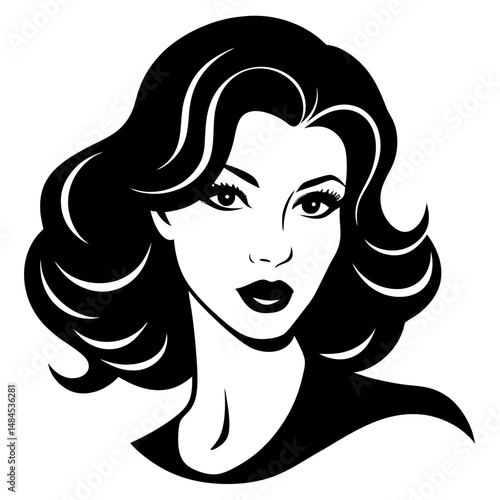 Vector art illustration of a glamorous woman with long black hair, her face showcasing beautiful eyes and lips, a stylish head sketch for fashion and spa design