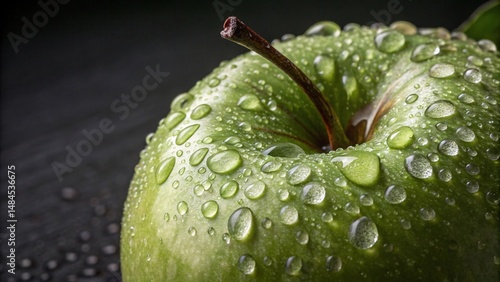 Green Apple with Water Droplets on Dark Background – Fresh Fruit Macro Shot